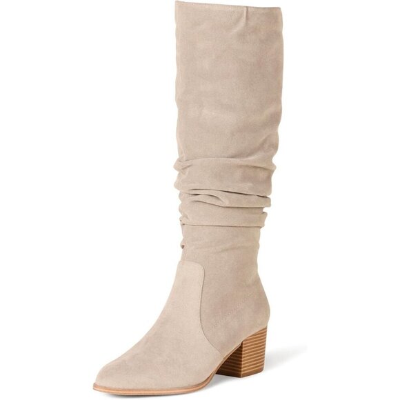 ✨ Amazon Essentials Heel Boots Women Cream Tall Block Stacked Faux Leather Boots - Picture 1 of 5